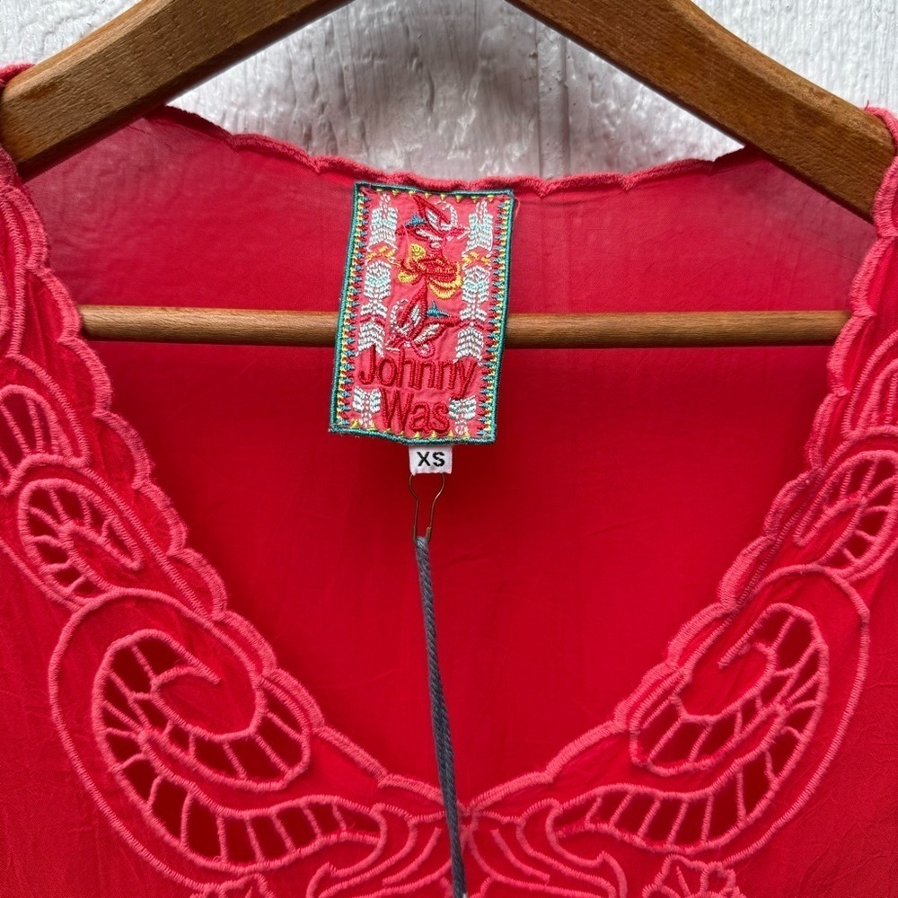 NWT Johnny Was Arlene Appliqué Tunic Sheer Red Women's 3/4 Sleeve Shirt Top XS - Picture 5 of 9